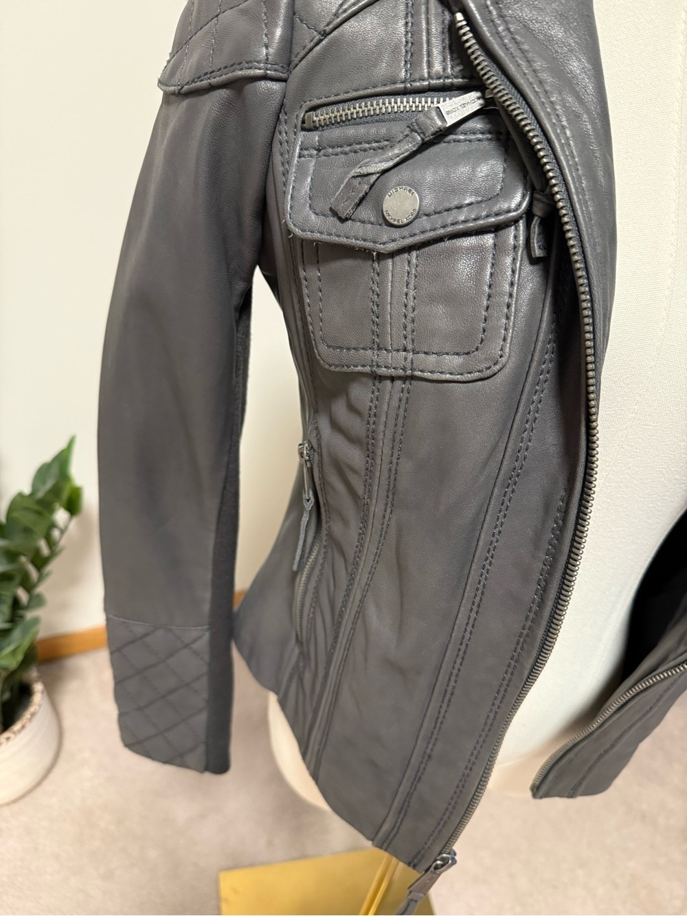 Michael Kors Slate Gray Hooded Moto Jacket Ribbed Knit Panels S - Picture 2 of 10